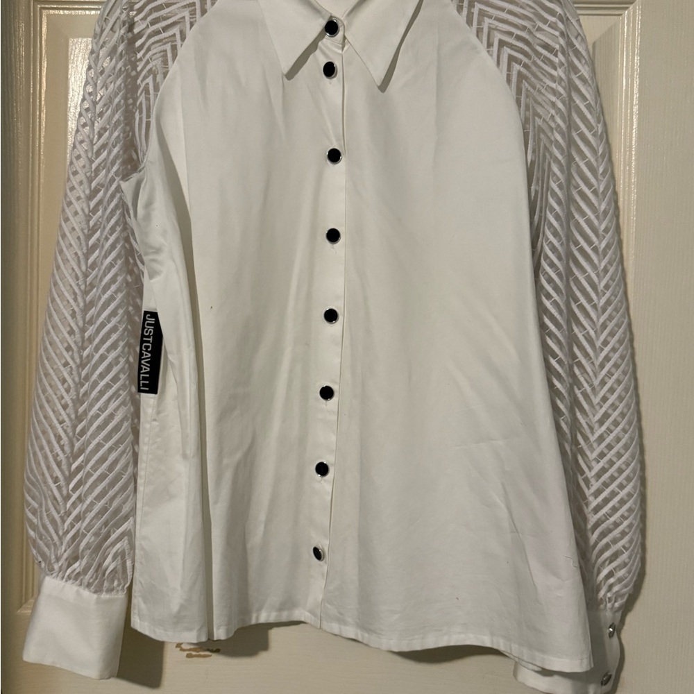 Just Cavalli white Shirt with embroidery sleves size 44 NWOT